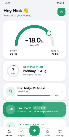 JabTrack home dashboard: goal arc, next injection countdown, badge progress and a Pro Charts card