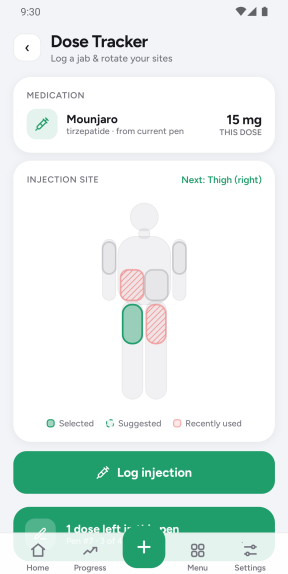 Dose tracker: body map showing selected, suggested and recently-used injection sites with a Log injection button