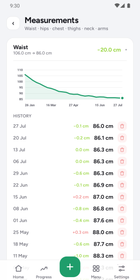 Measurements screen: waist chart with the full measurement history below