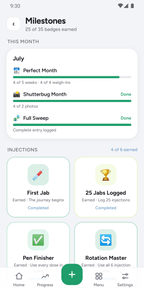 Milestones screen: monthly challenges above a grid of earned badges