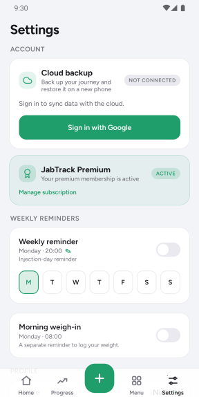 Settings screen: cloud backup, Premium status and reminder toggles
